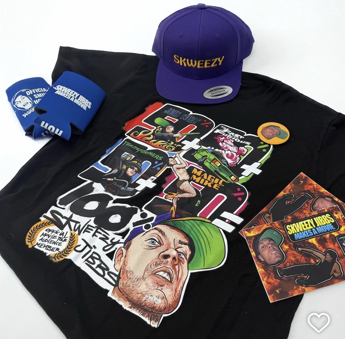 Skweezy Jibbs Makes a Movie official merch — hat, t-shirt, koozie, stickers